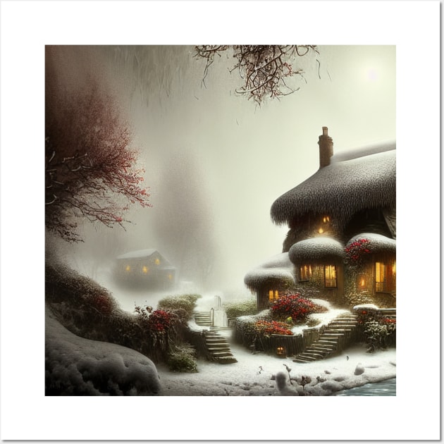 Magical Fantasy House with Lights in a Snowy Scene, Fantasy Cottagecore artwork Wall Art by Promen Art